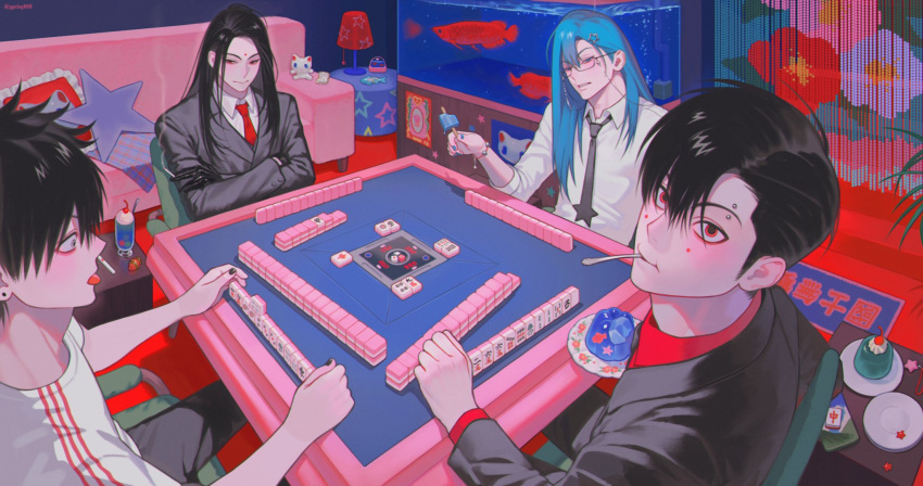 4boys, asymmetrical_bangs, bead_curtain, black_gloves, black_hair, black_nails, black_necktie, black_pants