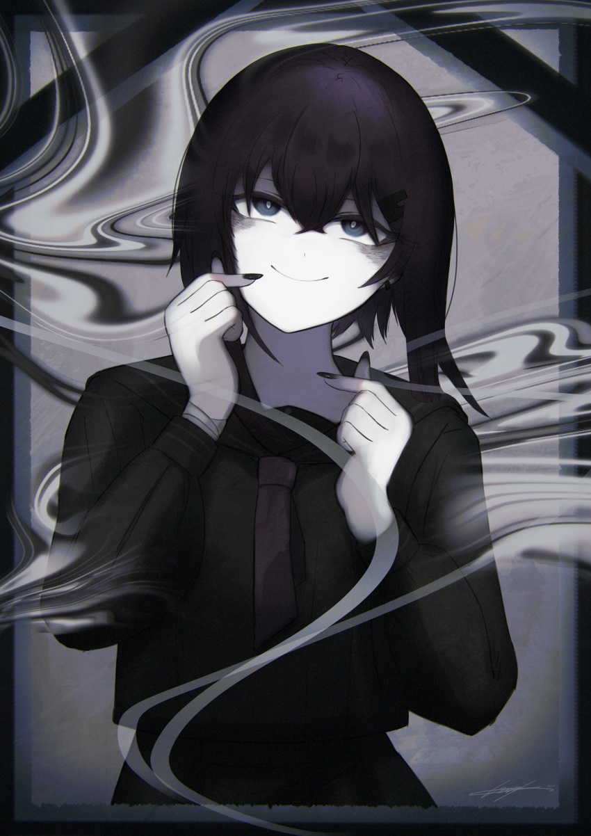 1girl, absurdres, bags_under_eyes, black_border, black_hair, black_nails, black_serafuku, black_shirt