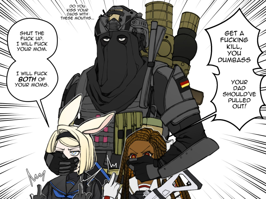 1boy, 2girls, animal_ears, black_gloves, blonde_hair, blue_eyes, brown_hair, bulletproof_vest, call_of_duty, call_of_duty:_modern_warfare_2, covered_face, covering_another's_mouth, dark-skinned_female, dark_skin, emphasis_lines, english_commentary, german_flag, gloves, helmet, highres, jitome, konig_(call_of_duty), kyou_(ningiou), load_bearing_vest, long_hair, middle_finger, multiple_girls, original, profanity, rabbit_ears, red_eyes, short_hair, sniper_veil, speech_bubble, unamused, very_dark_skin, white_gloves
