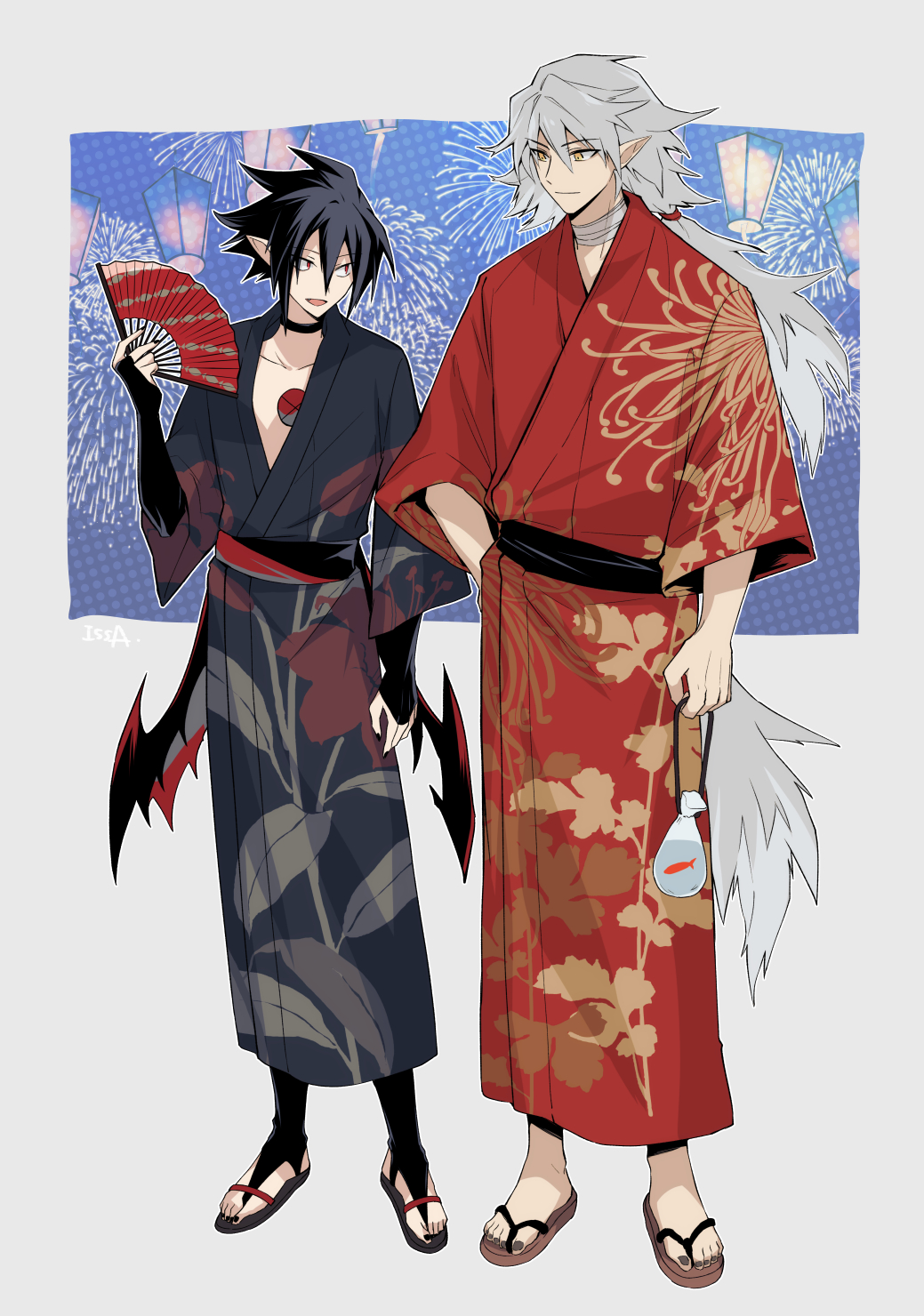 2boys, alternate_costume, artist_name, bag, bagged_fish, bandaged_neck, bandages, bat_wings