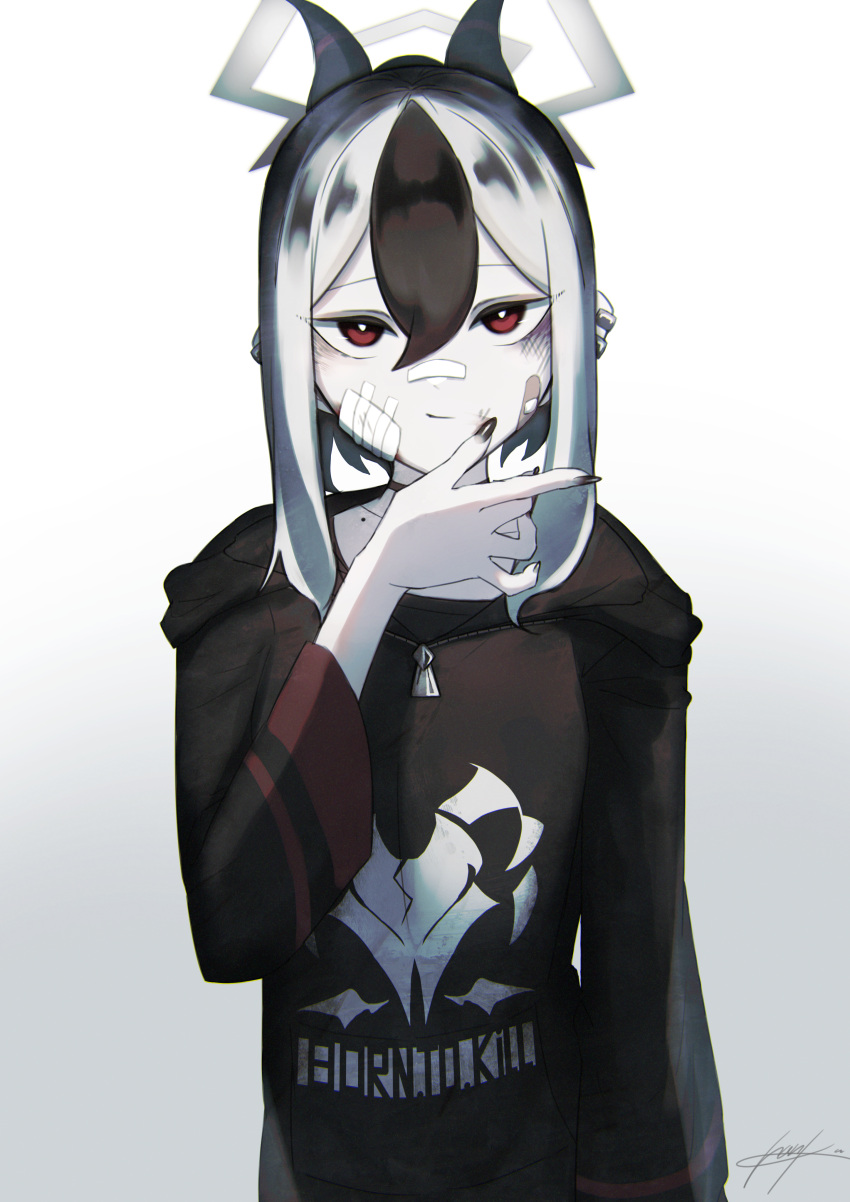 1girl, :|, absurdres, bandaid, bandaid_on_cheek, bandaid_on_face, bandaid_on_nose, black_choker