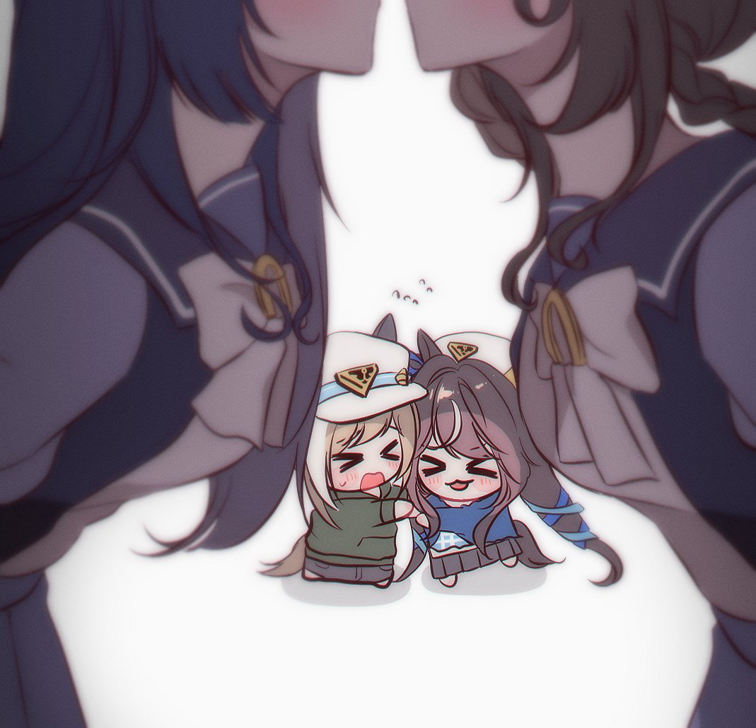 >_<, 4girls, animal_ears, blue_hair, blurry, blurry_foreground, bow, braid, brown_hair, character_request, closed_eyes, flying_sweatdrops, himejoshi, horse_ears, horse_girl, horse_tail, jeom_(umaumauma1042), kiss, leaning_forward, long_hair, long_sleeves, multicolored_hair, multiple_girls, open_mouth, purple_sailor_collar, purple_shirt, sailor_collar, sailor_shirt, school_uniform, shirt, sidelocks, simple_background, sweatdrop, tail, tracen_school_uniform, umamusume, very_long_hair, wavy_hair, white_background, white_bow, white_hair, yuri