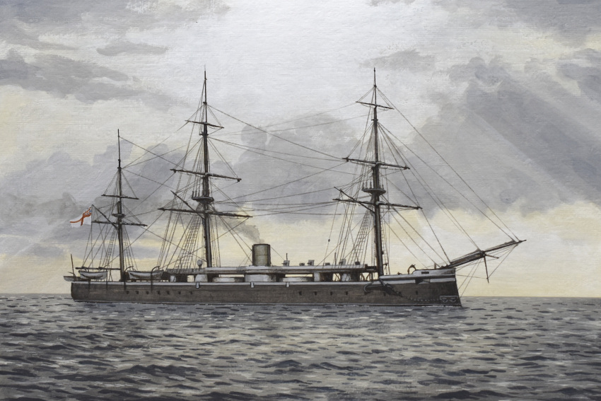 absurdres, atelier_bono, clouds, cloudy_sky, highres, hms_monarch_(1868), ironclad, mast
