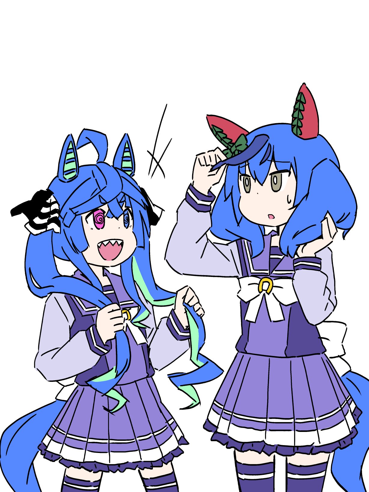 +++, 2girls, @_@, ahoge, alternate_hair_color, animal_ears, aqua_hair, blue_eyes
