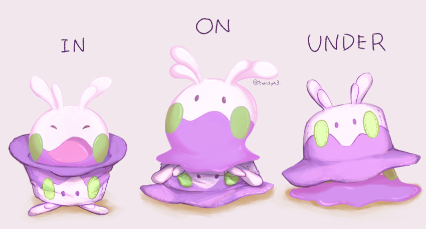 antennae, bucket_hat, closed_eyes, colored_skin, goomy, hat, highres, in_hat, multicolored_skin, multiple_views, no_humans, open_mouth, pokemon, pokemon_(creature), pokemon_focus, purple_skin, solid_oval_eyes, tori_tya3