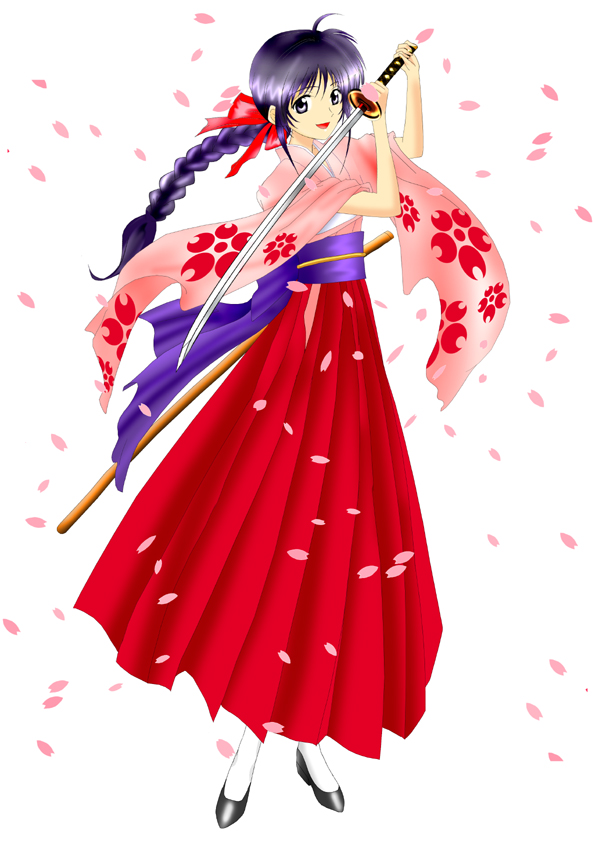 braid, cherry_blossoms, cosplay, hair_bow, japanese_clothes, katana, kimono, kobayakawa_miyuki