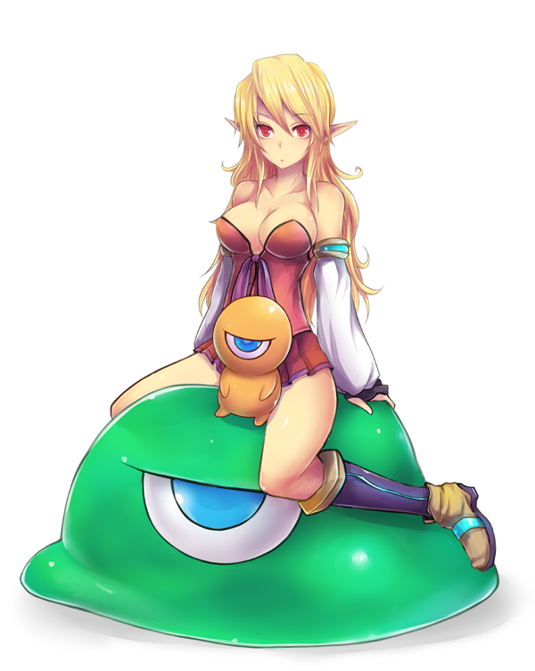 arm_support, bare_shoulders, blonde_hair, blue_eyes, boots, breasts, cleavage, color_(artist)