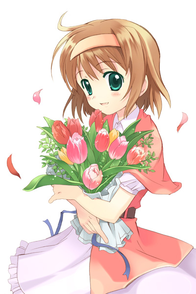 1girl, arche_plumfield, belt, blush, bouquet, brown_hair, capelet, collared_dress