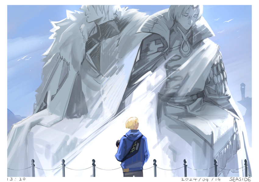 alternate_universe, animal, belt, bird, black_pants, blonde_hair, blue_hoodie, blue_sky
