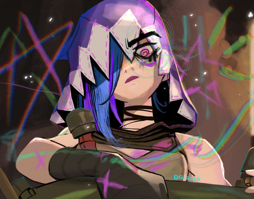 1girl, arcane:_league_of_legends, arcane_jinx, bare_shoulders, blue_hair, choker, crop_top, deanne_go