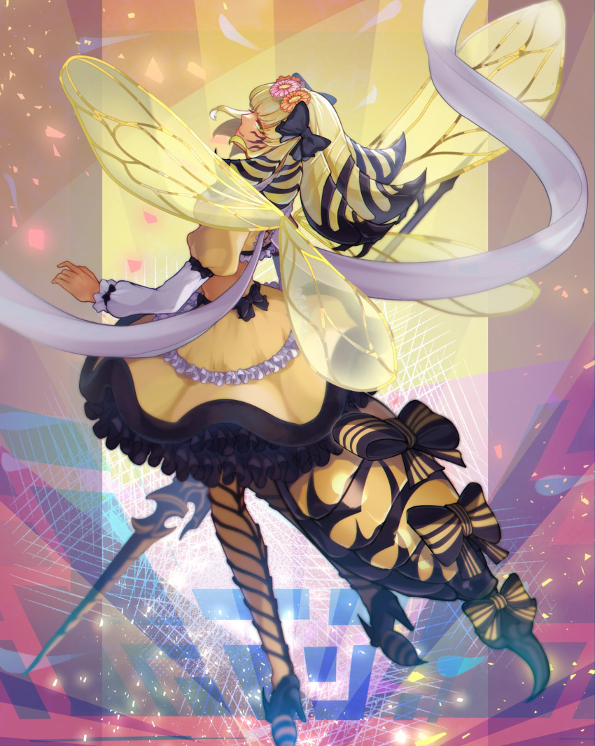 1girl, abstract_background, arthropod_girl, arthropod_tail, back_bow, bee_girl, bee_wings, black_bow