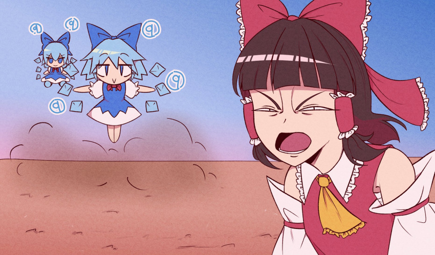 2girls, :>, ascot, black_hair, blue_dress, blue_eyes, blue_hair, blunt_bangs, bow, bowtie, character_doll, circled_9, cirno, cirno_day, closed_mouth, commentary, detached_sleeves, dress, dust_cloud, english_commentary, eosd2002, frilled_bow, frilled_hair_tubes, frilled_shirt_collar, frills, full_body, fumo_(doll), hair_bow, hair_tubes, hakurei_reimu, highres, ice, ice_wings, looking_at_viewer, medium_bangs, meme, multiple_girls, narrowed_eyes, open_mouth, pinafore_dress, puffy_short_sleeves, puffy_sleeves, red_bow, red_bowtie, red_shirt, shirt, short_hair, short_sleeves, sleeveless, sleeveless_dress, sleeveless_shirt, smile, tornado_selfie_(meme), touhou, upper_body, v-shaped_eyebrows, white_shirt, white_sleeves, wings, yellow_ascot