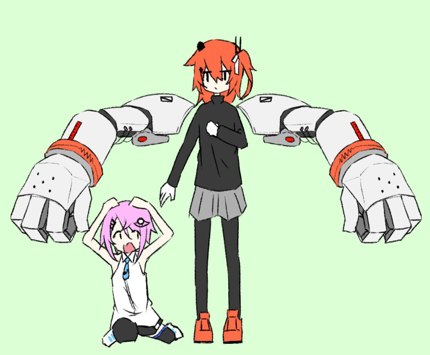 2girls, a.i._voice, adachi_rei, arms_up, black_leggings, black_shirt, cevio, covering_head, dress, extra_arms, fee_(cevio), full_body, green_background, grey_shorts, hair_ornament, kinazuki, leggings, long_sleeves, mechanical_arms, medium_hair, multiple_girls, no_jacket, one_side_up, open_mouth, orange_footwear, orange_hair, pink_hair, scared, shirt, shoes, shorts, simple_background, sitting, sleeveless, sleeveless_dress, standing, utau, white_dress