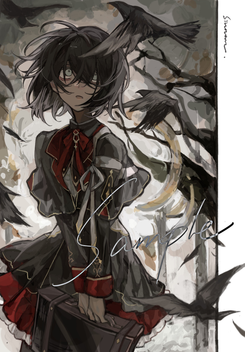 1girl, bag, bird, black_capelet, black_dress, black_hair, black_pantyhose, book, brown_bag, capelet, chinese_commentary, commentary_request, commission, cowboy_shot, crow, dress, feathers, frilled_dress, frills, gold_trim, green_eyes, harufubuki, highres, holding, holding_bag, holding_book, layered_dress, looking_up, neck_ribbon, open_mouth, original, outdoors, pantyhose, red_ribbon, ribbon, sample_watermark, short_hair, solo, watermark, white_ribbon