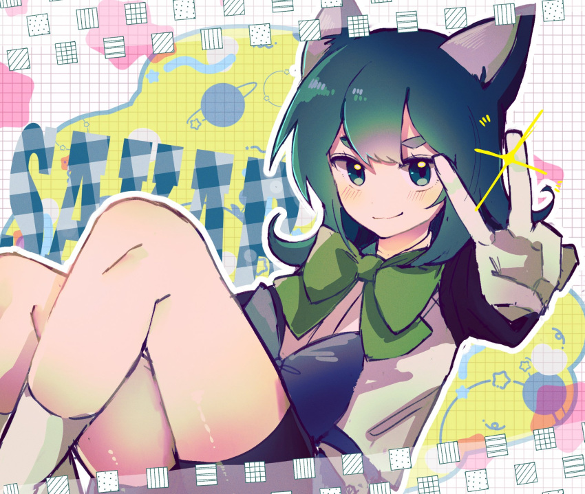 1boy, androgynous, animal_ears, bike_shorts, gloves, green_eyes, green_hair, green_ribbon
