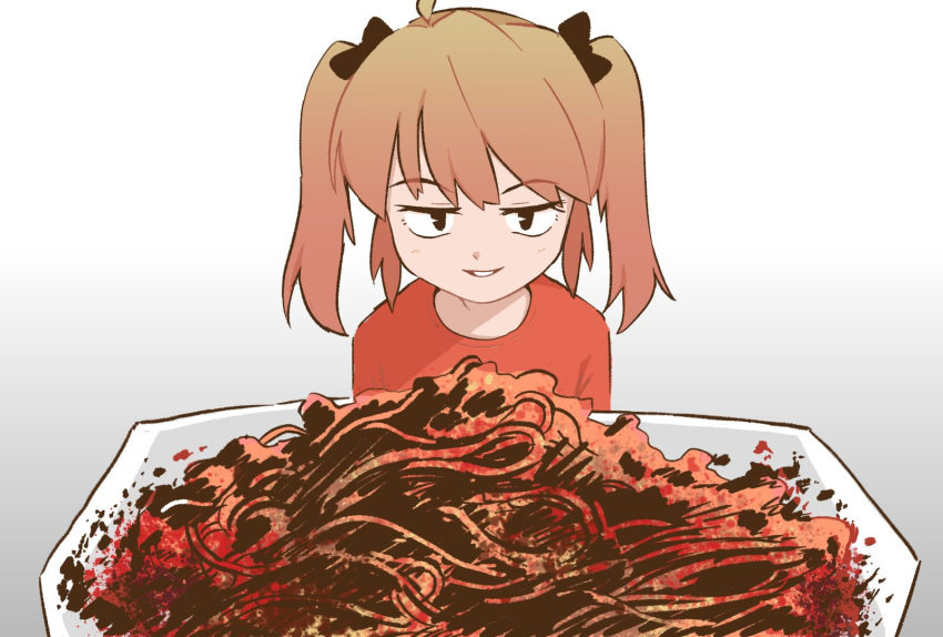 1girl, black_eyes, brown_hair, commentary, english_commentary, food, genderswap, genderswap_(mtf)