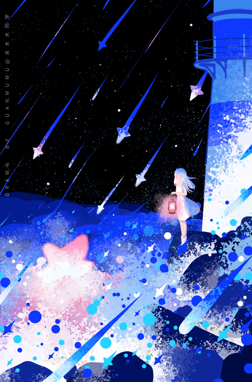 1girl, absurdres, artist_name, bare_arms, bare_legs, bare_shoulders, boots, closed_eyes, dress, floating_clothes, floating_hair, full_body, guanmumu, highres, holding, holding_lantern, lantern, lighthouse, long_hair, medium_dress, meteor_shower, night, night_sky, ocean, original, outdoors, rock, shooting_star, sky, sleeveless, sleeveless_dress, solo, splashing, standing, star_(sky), starry_sky, sundress, white_dress, white_footwear, white_hair, wide_shot
