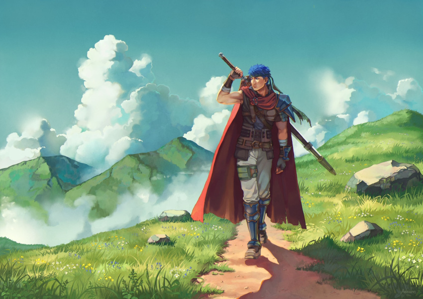 1boy, aevi, armor, blue_eyes, blue_hair, boots, brown_footwear, cape, day, english_commentary, fingerless_gloves, fire_emblem, fire_emblem:_radiant_dawn, gloves, grass, green_headband, headband, highres, holding, holding_sword, holding_weapon, ike_(fire_emblem), male_focus, outdoors, pants, pauldrons, red_cape, rock, shoulder_armor, single_pauldron, sky, sword, sword_on_back, textless_version, thigh_strap, walking, weapon, weapon_on_back, white_pants