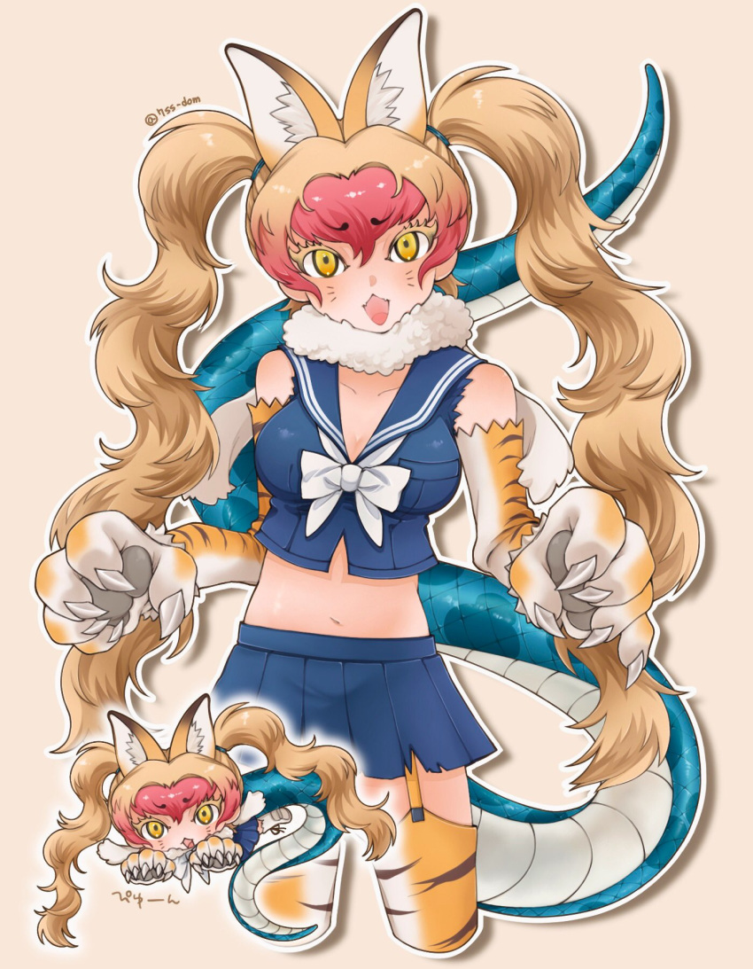 1girl, 7ss_dom, :3, animal_ears, animal_print, bare_shoulders, blue_skirt, bow