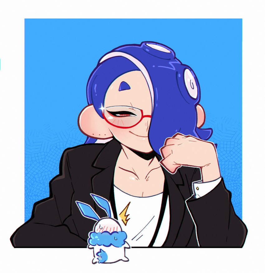 1girl, ^^^, black_suit, blue_background, border, cephalopod_eyes, closed_mouth, collarbone