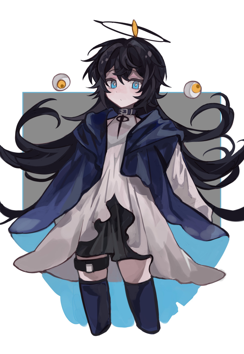 1girl, absurdres, black_choker, black_hair, black_shorts, blue_eyes, blue_thighhighs, bright_pupils