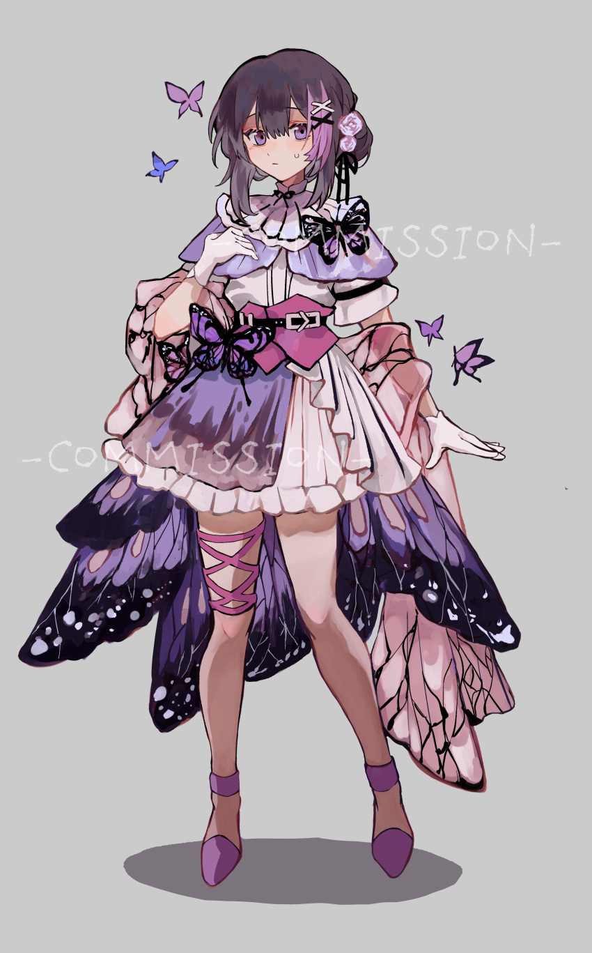 1girl, absurdres, belt, black_belt, black_hair, bug, butterfly, butterfly_ornament