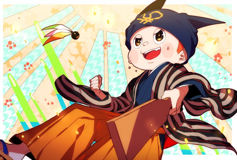 1boy, alternate_costume, beanie, black_eyes, black_hat, blue_background, blue_kimono, blush_stickers