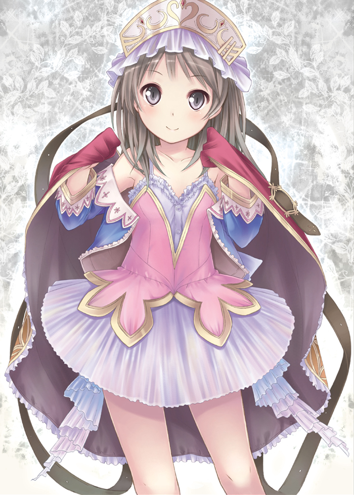 atelier_totori, bare_shoulders, blush, brown_hair, cape, frills, grey_eyes, headdress