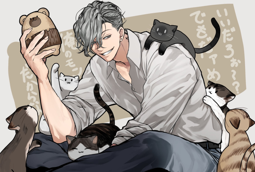1boy, :3, animal, belt, black_belt, black_cat, blue_pants, border, brown_background, brown_cat, cat, character_request, collared_shirt, copyright_request, ear_piercing, grey_border, grey_hair, grin, hair_between_eyes, hair_over_one_eye, highres, holding, holding_stuffed_toy, long_sleeves, looking_at_animal, male_focus, miyamoyan, outside_border, pants, piercing, shirt, short_hair, smile, solo, stuffed_toy, teeth, white_shirt