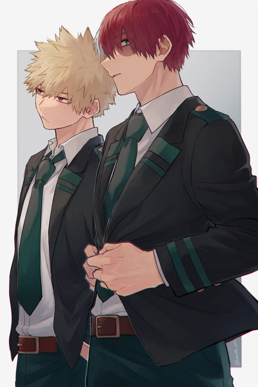 2boys, absurdres, aqua_eyes, bakugou_katsuki, belt, black_coat, blonde_hair, boku_no_hero_academia