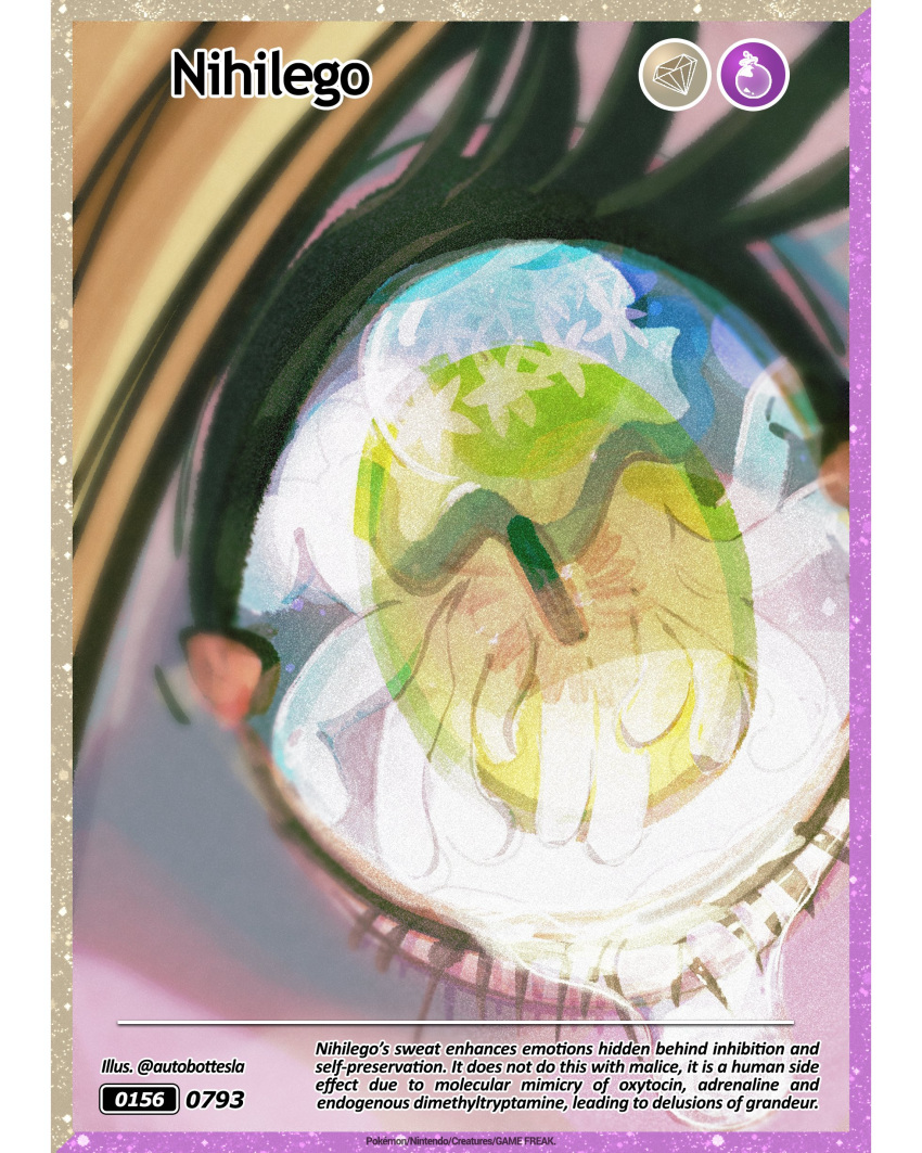 absurdres, autobottesla, character_name, close-up, english_text, eye_focus, eye_reflection, fake_trading_card, green_eyes, highres, jellyfish, long_eyelashes, lusamine_(pokemon), nihilego, pokemon, pokemon_(creature), pokemon_focus, pokemon_sm, reflection, single_tear, tearing_up, tentacles