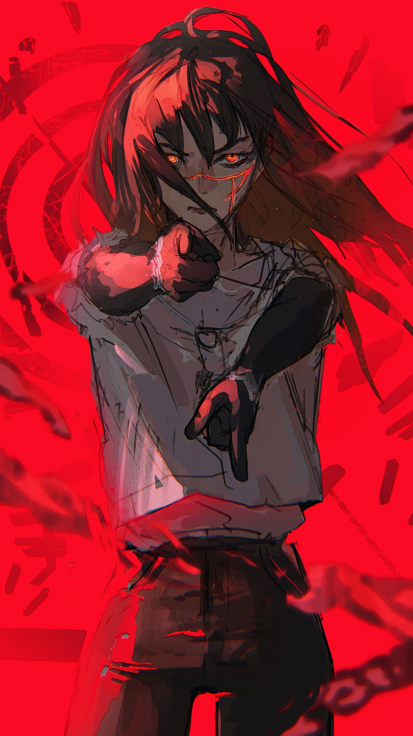1girl, absurdres, black_hair, black_pants, chainsaw_man, highres, long_hair, looking_at_viewer