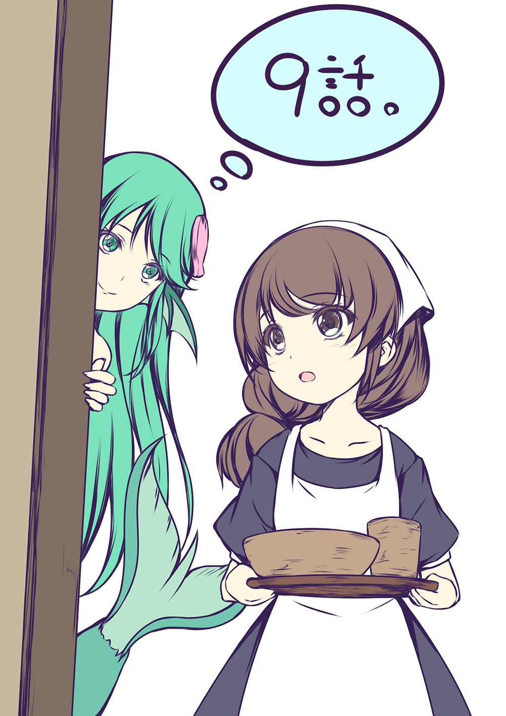 2girls, apron, brown_eyes, brown_hair, closed_mouth, commentary_request, fins, fish_hair_ornament