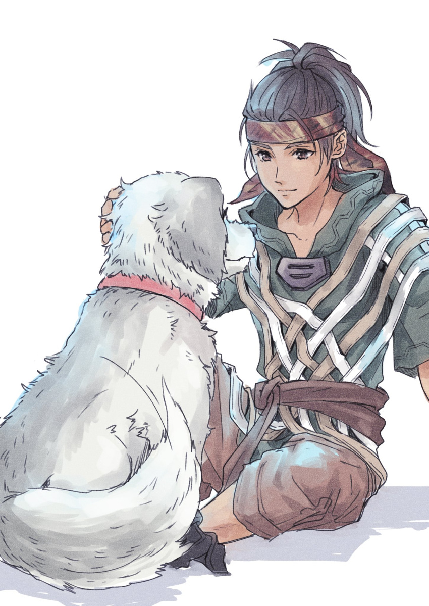 1boy, animal_collar, brown_eyes, brown_hair, brown_shorts, collar, commentary_request, dog