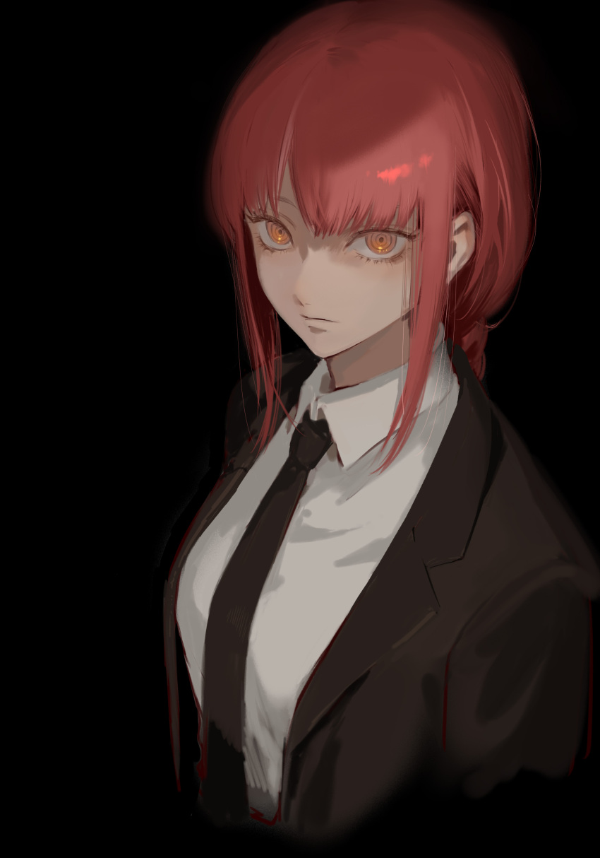 1girl, absurdres, black_background, black_coat, black_necktie, chainsaw_man, closed_mouth, coat, collared_shirt, expressionless, highres, long_hair, looking_at_viewer, makima_(chainsaw_man), meteorite_(scyf5477), necktie, orange_eyes, redhead, ringed_eyes, shirt, sidelocks, solo, white_shirt