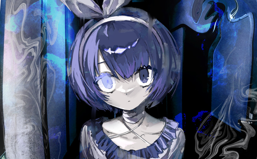 1girl, absurdres, asymmetrical_bangs, blue_eyes, blue_hair, bow_hairband, choker, distortion