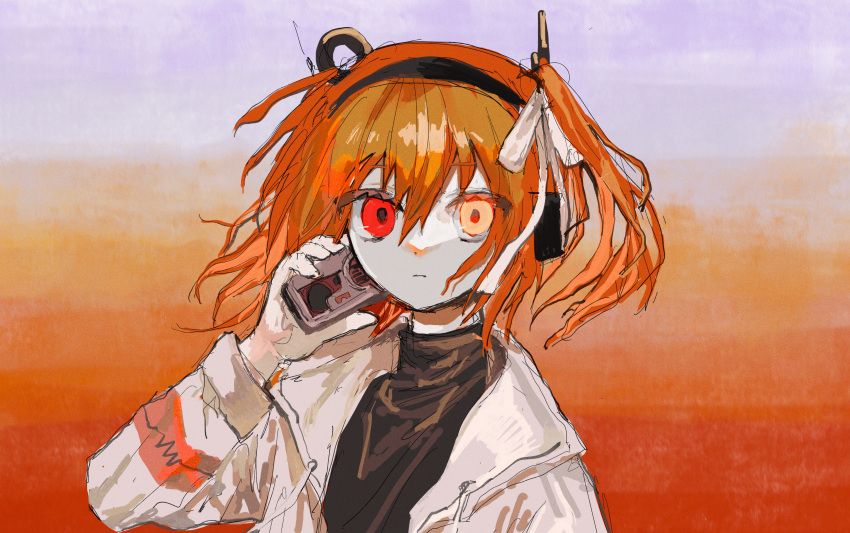1girl, a.i._voice, absurdres, adachi_rei, black_shirt, cassette_player, closed_mouth, coat, expressionless, gloves, gradient_background, hand_up, headphones, heterochromia, highres, long_sleeves, looking_at_viewer, netsu_ijou_(utau), one_side_up, oqo_808, orange_eyes, orange_hair, pale_skin, red_eyes, shirt, short_hair, solo, upper_body, utau, white_coat, white_gloves