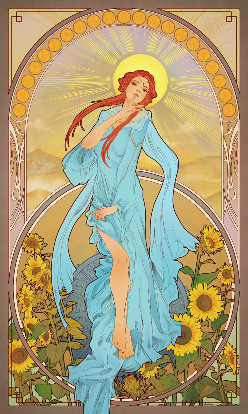 1girl, aevi, ashunera_(fire_emblem), barefoot, blue_dress, dress, english_commentary, feet, finger_to_mouth, fire_emblem, fire_emblem:_radiant_dawn, flower, halo, highres, long_hair, orange_hair, red_eyes, sun, sun_halo, sunflower