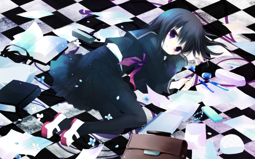 black_hair, blush, book, checkered, checkered_floor, highres, hiiragi_ryo, hiiragi_ryou