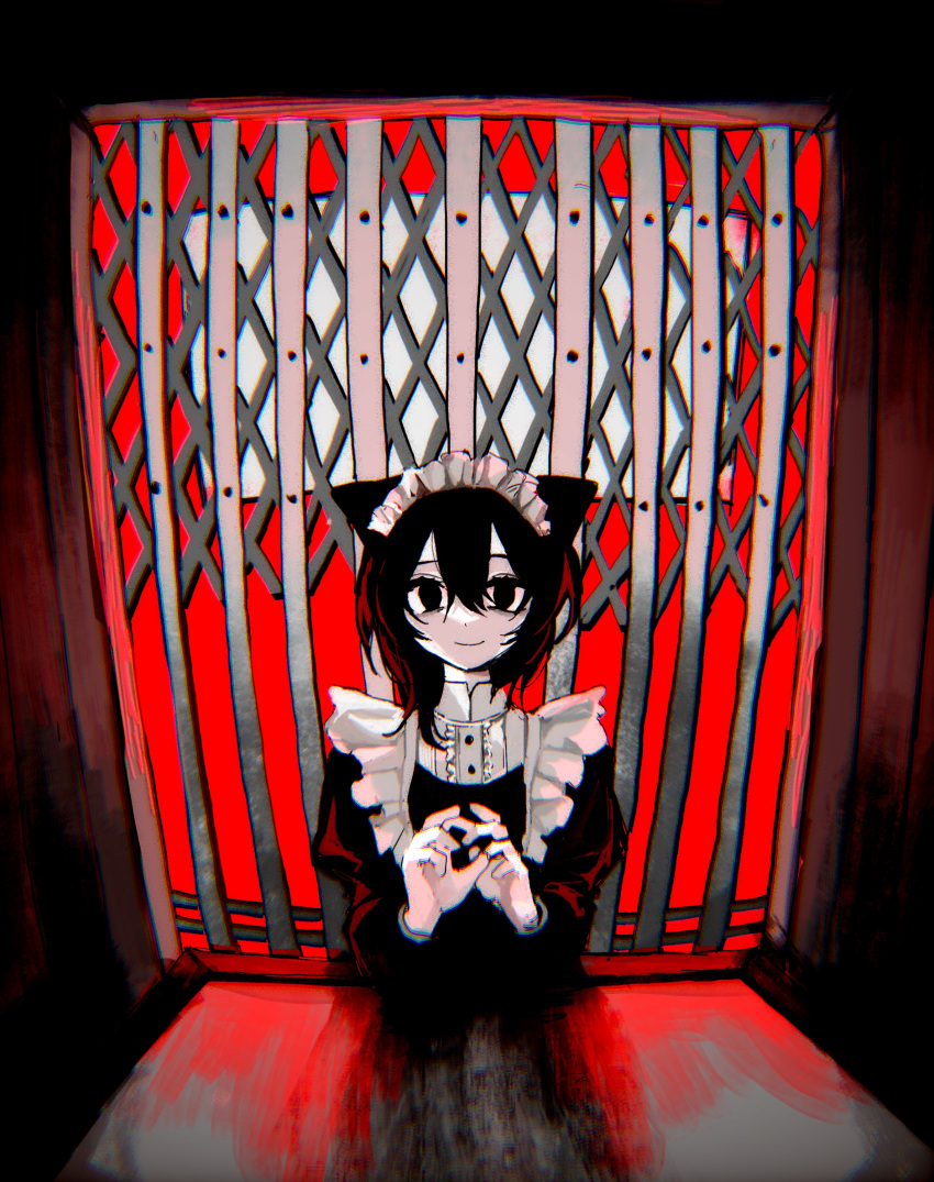 1girl, absurdres, animal_ears, apron, black_hair, cat_ears, chikyuu_no_ura_(cevio), closed_mouth