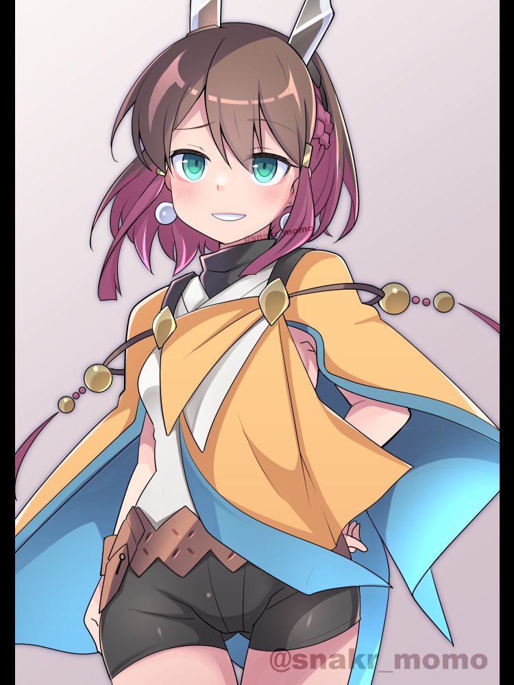 1girl, azure_striker_gunvolt, azure_striker_gunvolt_3, black_border, black_shorts, border, brown_hair, cowboy_shot, earrings, green_eyes, grey_background, hand_on_own_hip, horns, jewelry, kirin_(gunvolt), multicolored_hair, parted_lips, pink_hair, sano_akira, shirt, short_hair, short_shorts, shorts, simple_background, smile, solo, twitter_username, two-tone_hair, white_shirt, yellow_cloak