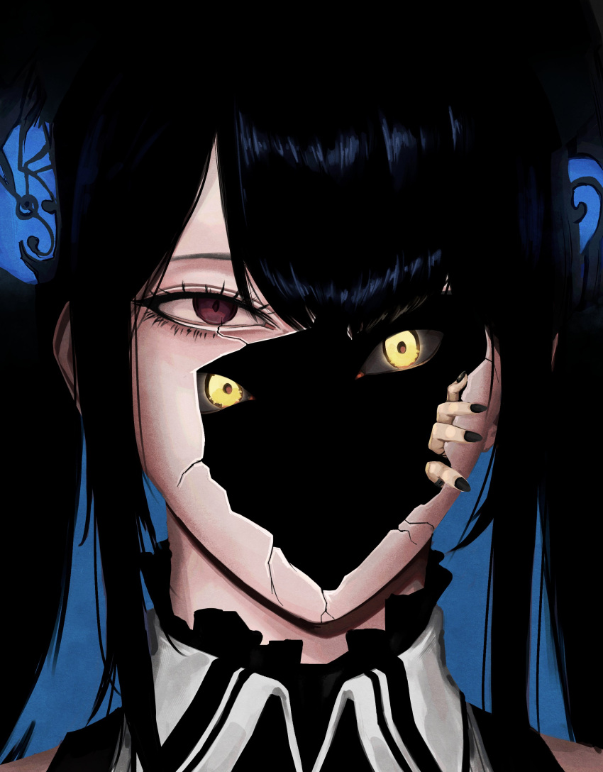 2girls, absurdres, black_hair, black_nails, blue_hair, collared_shirt, colored_inner_hair, cracked_skin