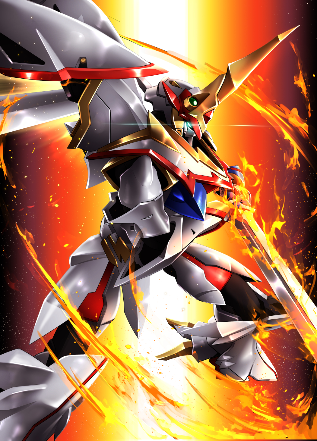 ayato_mabu, fire, highres, holding, holding_sword, holding_weapon, kaiser_fire_(mecha), mecha, mecha_focus, mechanical_wings, no_humans, robot, science_fiction, solo, sword, vs_knight_lamune_&amp;_40_fire, weapon, wings