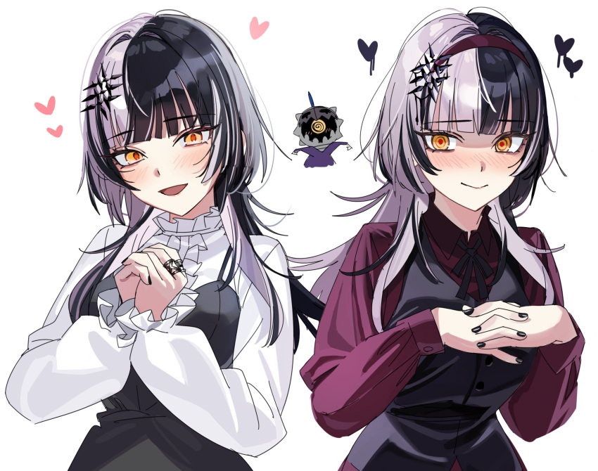 1girl, alternate_costume, black_dress, black_hair, black_nails, blush, choker, dress, fur_trim, grey_hair, hair_ornament, hairband, heart, highres, hololive, hololive_english, jewelry, long_hair, looking_at_viewer, multicolored_hair, novelites_(shiori_novella), orange_eyes, ring, shiori_novella, simple_background, smile, split-color_hair, virtual_youtuber, yellow_eyes, yomosaka