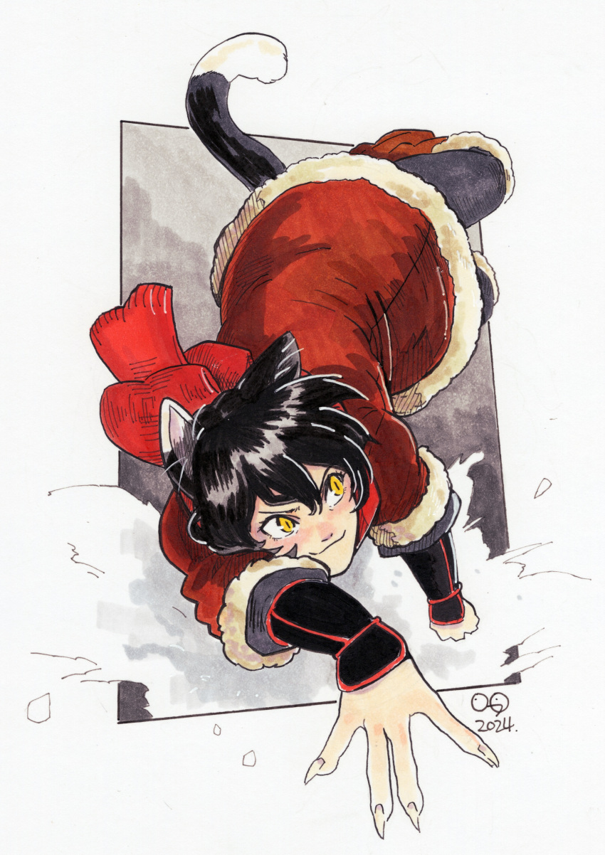 1girl, absurdres, animal_ears, black_hair, cat_ears, cat_girl, cat_tail, coat