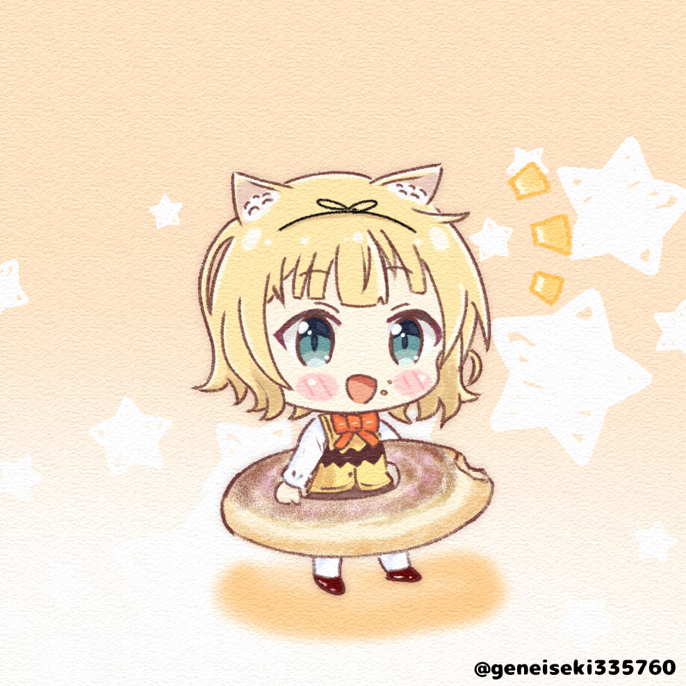 1girl, animal_ears, blonde_hair, bow, bowtie, chibi, doughnut, fluffy_hair, food, food_on_face, geneiseki, gochuumon_wa_usagi_desu_ka?, green_eyes, in_food, kirima_syaro, mini_person, minigirl, rabbit_ears, rabbit_girl, rabbit_house_uniform, red_bow, red_bowtie, short_hair, vest, waitress, yellow_vest