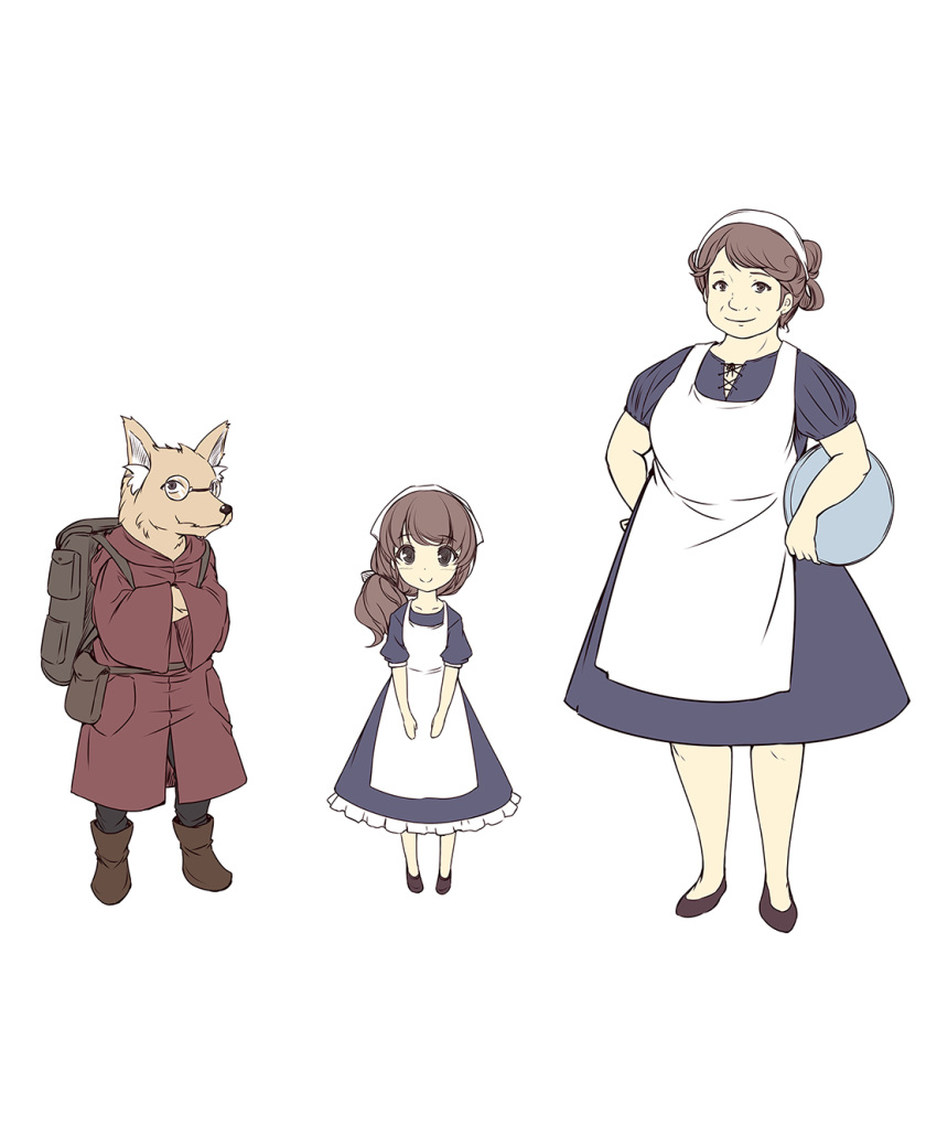 1boy, 2girls, animal_ear_fluff, apron, backpack, bag, blue_dress, boots