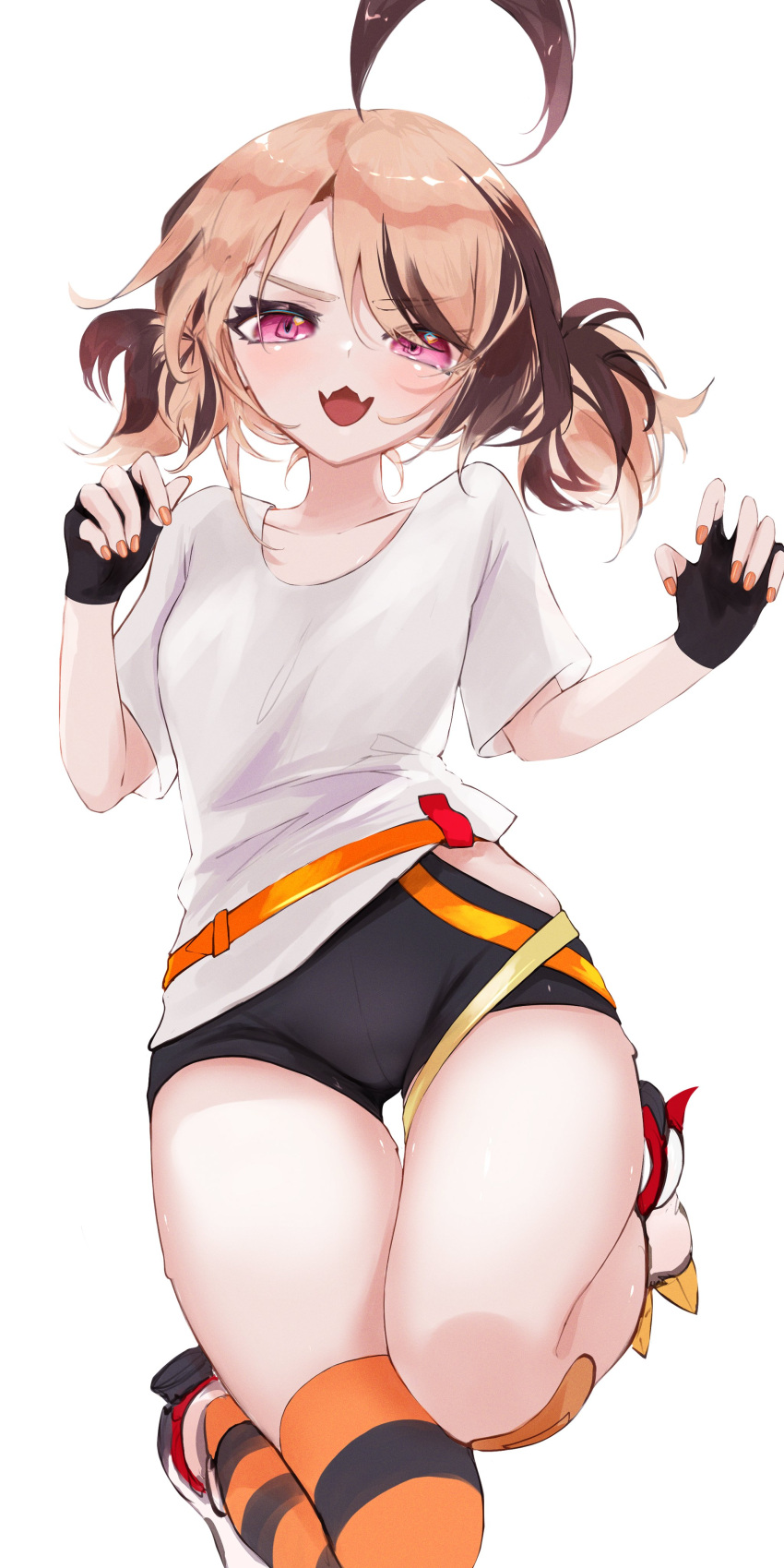 1girl, absurdres, ahoge, asymmetrical_clothes, bandaid, bandaid_on_leg, bike_shorts, black_shorts