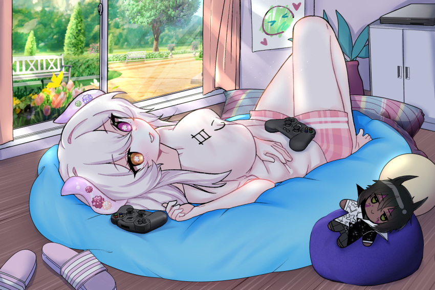 1girl, :>, ahoge, backyard, barefoot, bean_bag, bent_knees, black_hair, brown_eyes, controller, cushion, dark_skin, doll, dragon_boy, dragon_girl, dragon_horns, facial_mark, flower, garden, girls_playing_games, heterochromia, horns, indie_virtual_youtuber, long_hair, momotan, mona_monakko, multiple_horns, nero_grimmlock, on_back, pajamas, pillow, pink_eyes, shorts, sliding_doors, slippers, solo, star-shaped_pupils, symbol-shaped_pupils, tree, trees, white_hair, white_pupils, yellow_eyes
