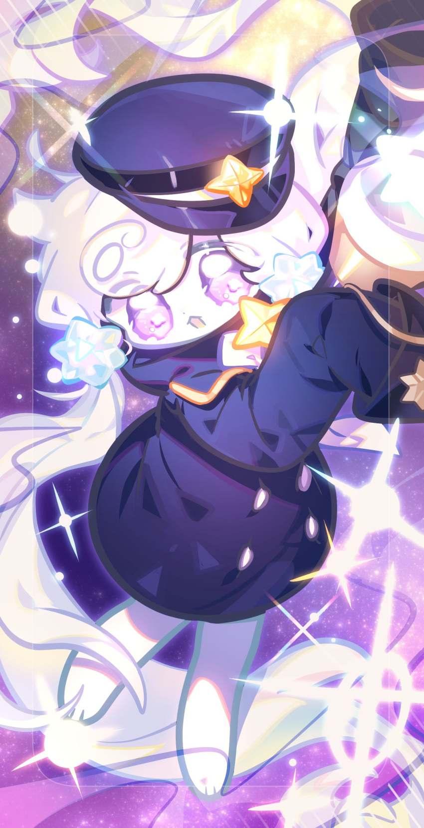 1girl, absurdres, arm_up, aura, barefoot, black_hat, black_jacket, buttons